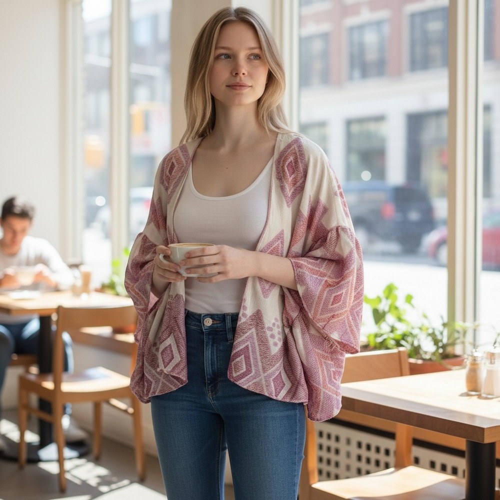 Kimono Wrap Women OS Pink Geometric Sunburst Boho Bell Sleeve‎